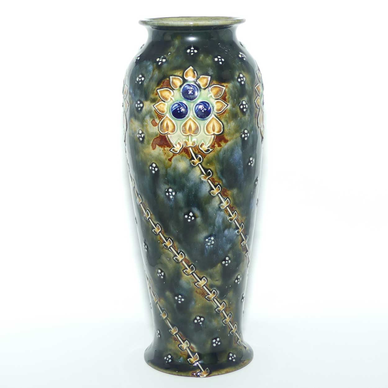 Royal Doulton Lambeth Green Blue mottled glaze Floral pattern vase | 5826 | 26cm tall