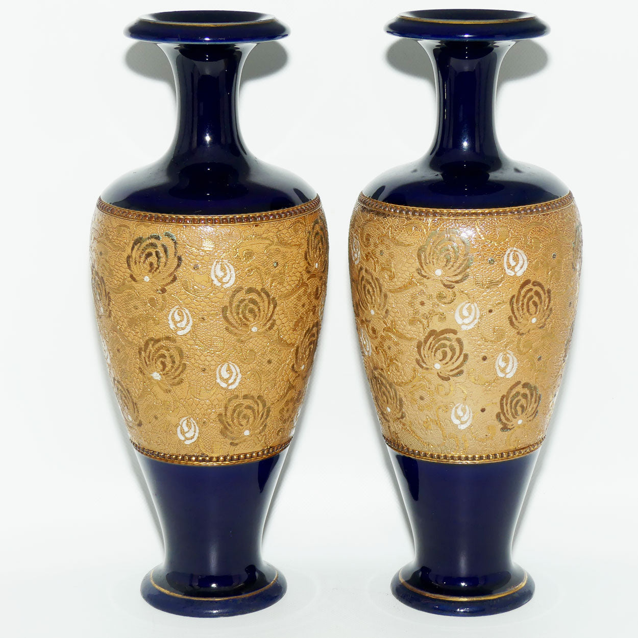 Doulton Slaters pair of stoneware vases with white enamelling & gilt highlights (stamped 6038)