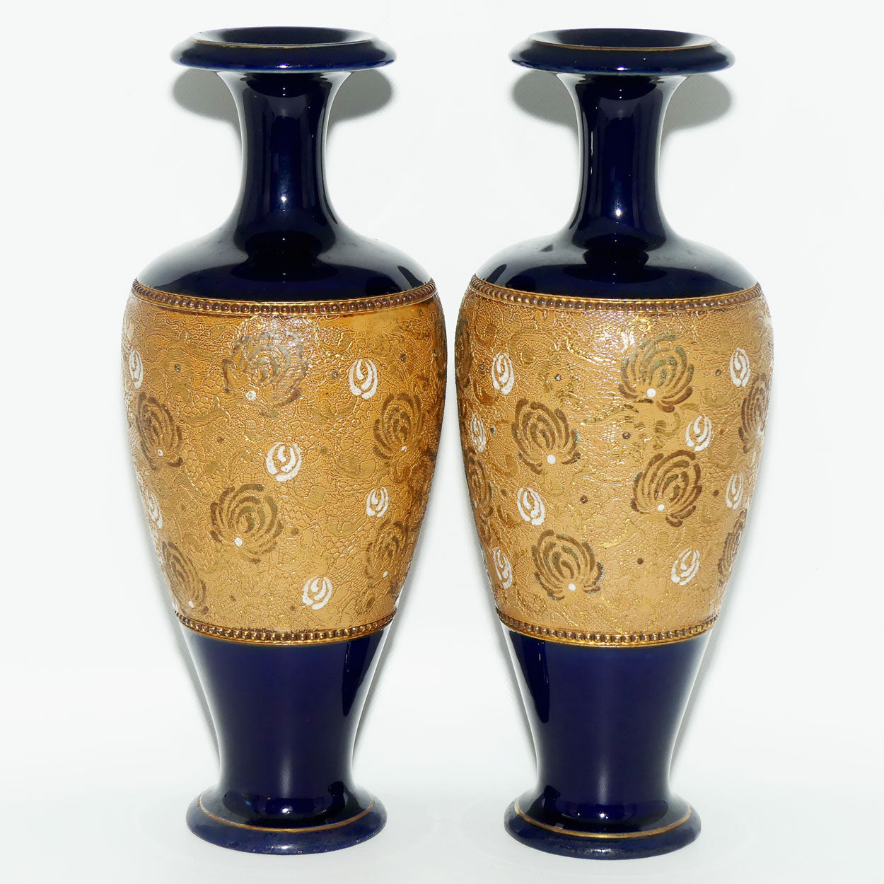 Doulton Slaters pair of stoneware vases with white enamelling & gilt highlights (stamped 6038)