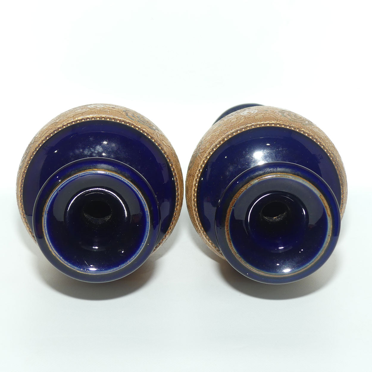 Doulton Slaters pair of stoneware vases with white enamelling & gilt highlights (stamped 6038)