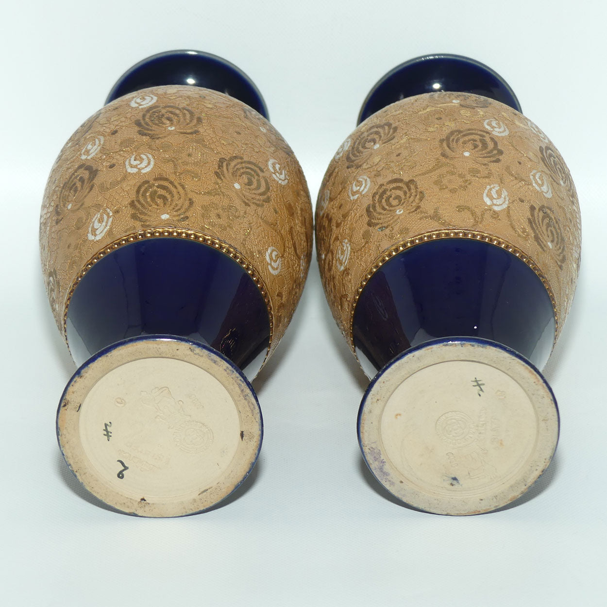 Doulton Slaters pair of stoneware vases with white enamelling & gilt highlights (stamped 6038)