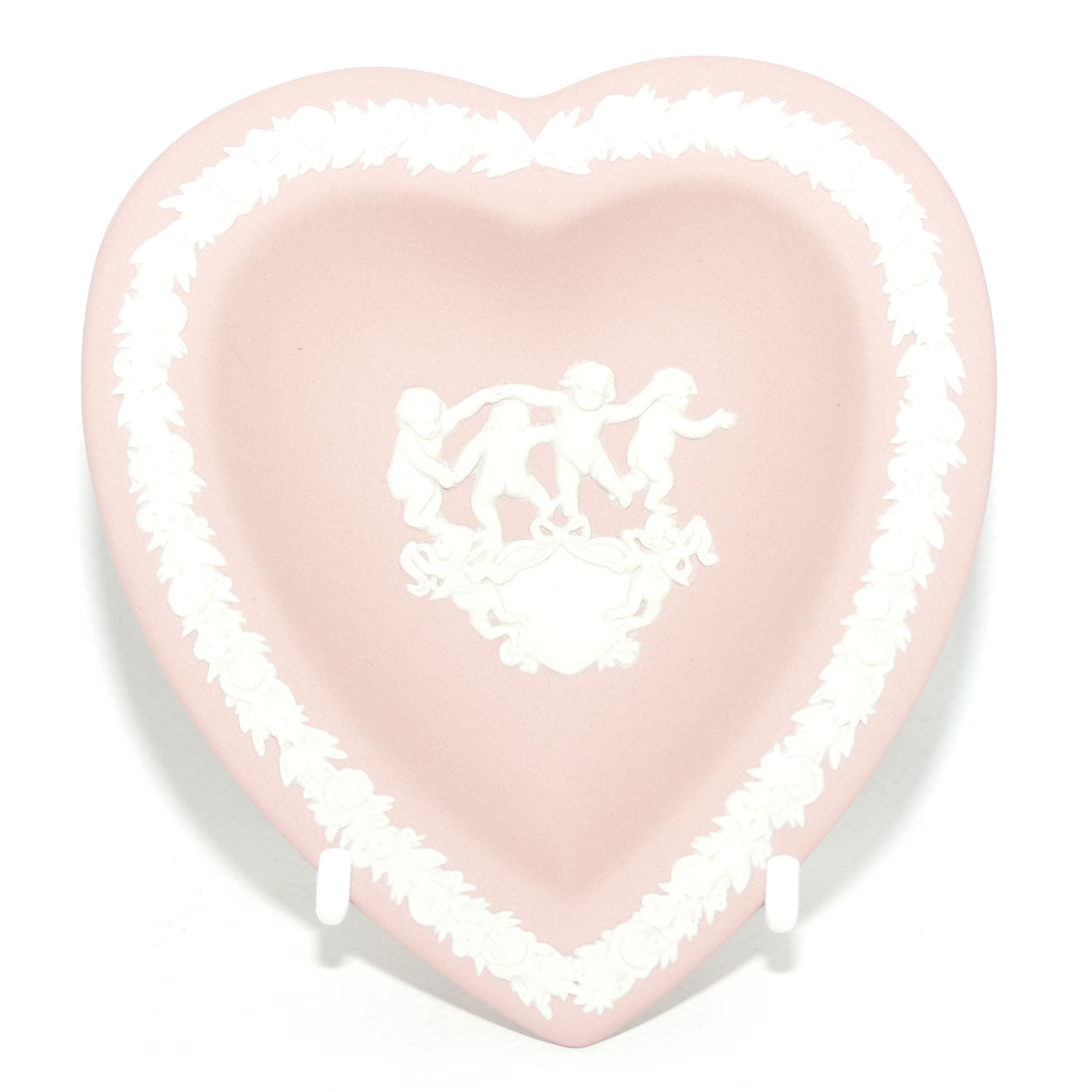 Wedgwood Jasper | White on Pink heart shape plate | 4 Dancing Cherubs and 2 Cupids