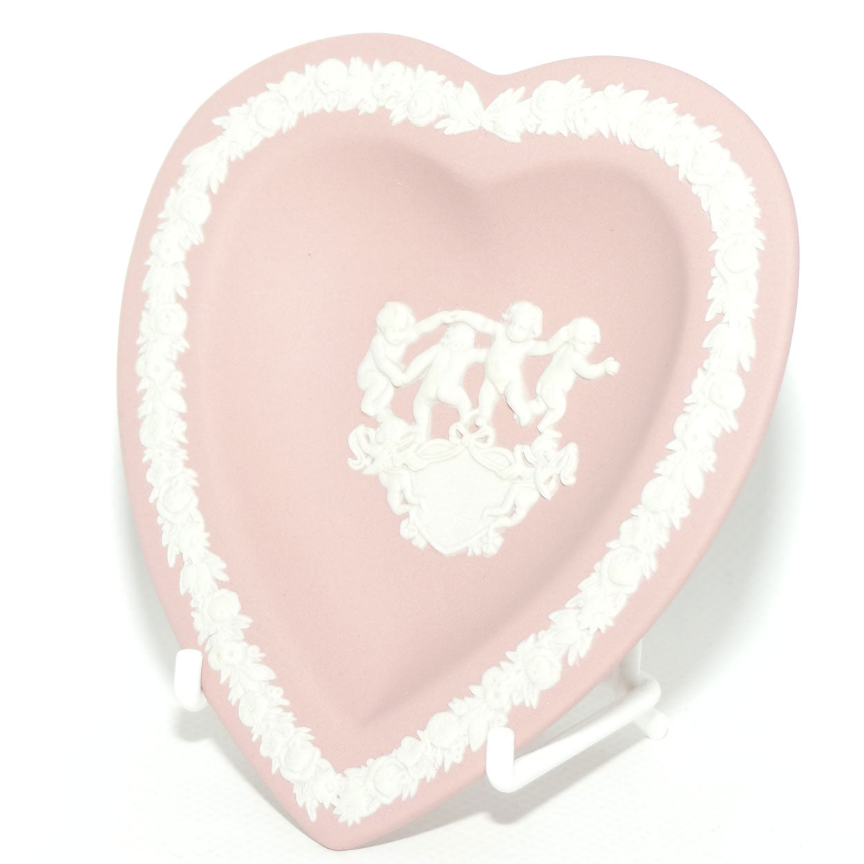 Wedgwood Jasper | White on Pink heart shape plate | 4 Dancing Cherubs and 2 Cupids