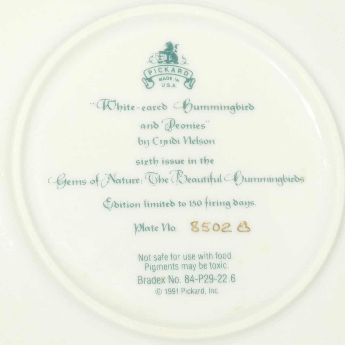 Bradex 84 P29 22.6 plate | Gems of Nature | White Eared Hummingbird and Peonies + Cert