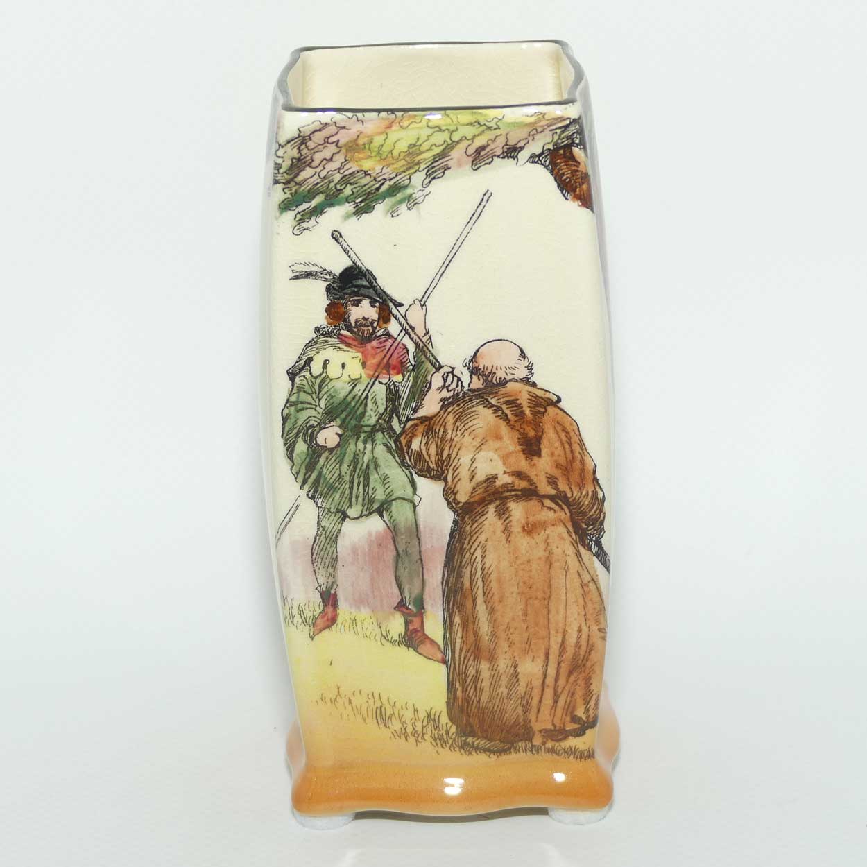 Royal Doulton Under the Greenwood Tree | Robin Hood box section vase D6094 | Robin Hood's Fight with Friar Tuck