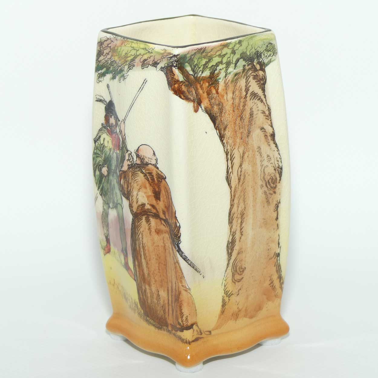 Royal Doulton Under the Greenwood Tree | Robin Hood box section vase D6094 | Robin Hood's Fight with Friar Tuck