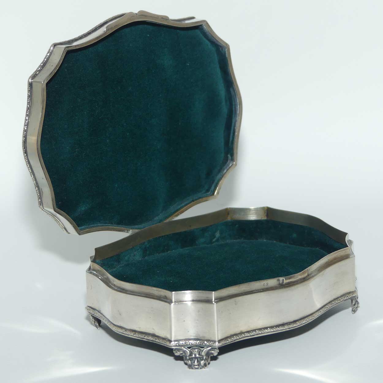 European 800 Silver serpentine shape velvet lined trinket box | Satyr feet