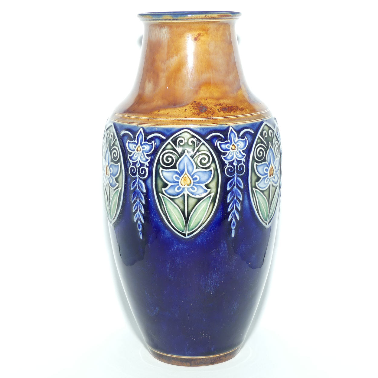 Royal Doulton pair of stoneware Floral panel and border vases | Blue Ground | 8133