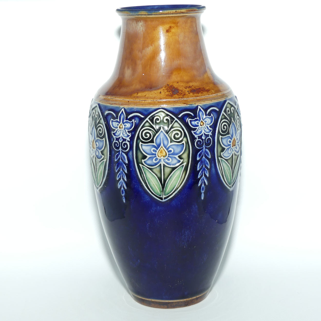 Royal Doulton pair of stoneware Floral panel and border vases | Blue Ground | 8133