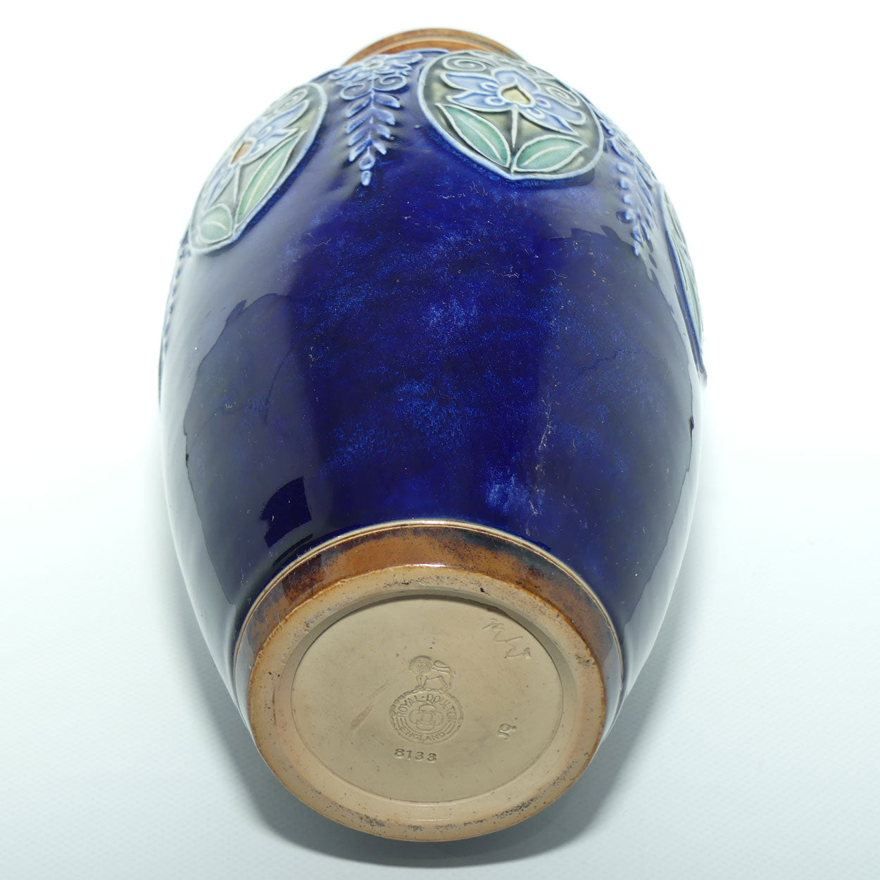 Royal Doulton pair of stoneware Floral panel and border vases | Blue Ground | 8133