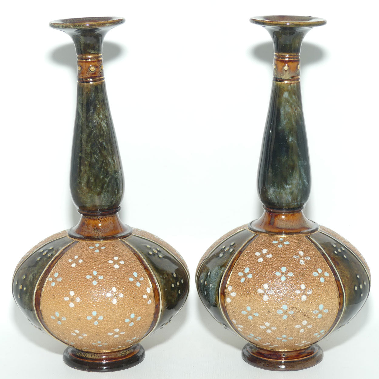 Royal Doulton stoneware pair of narrow neck bulbous vases with blue & white enamelling highlights (stamped 8331)