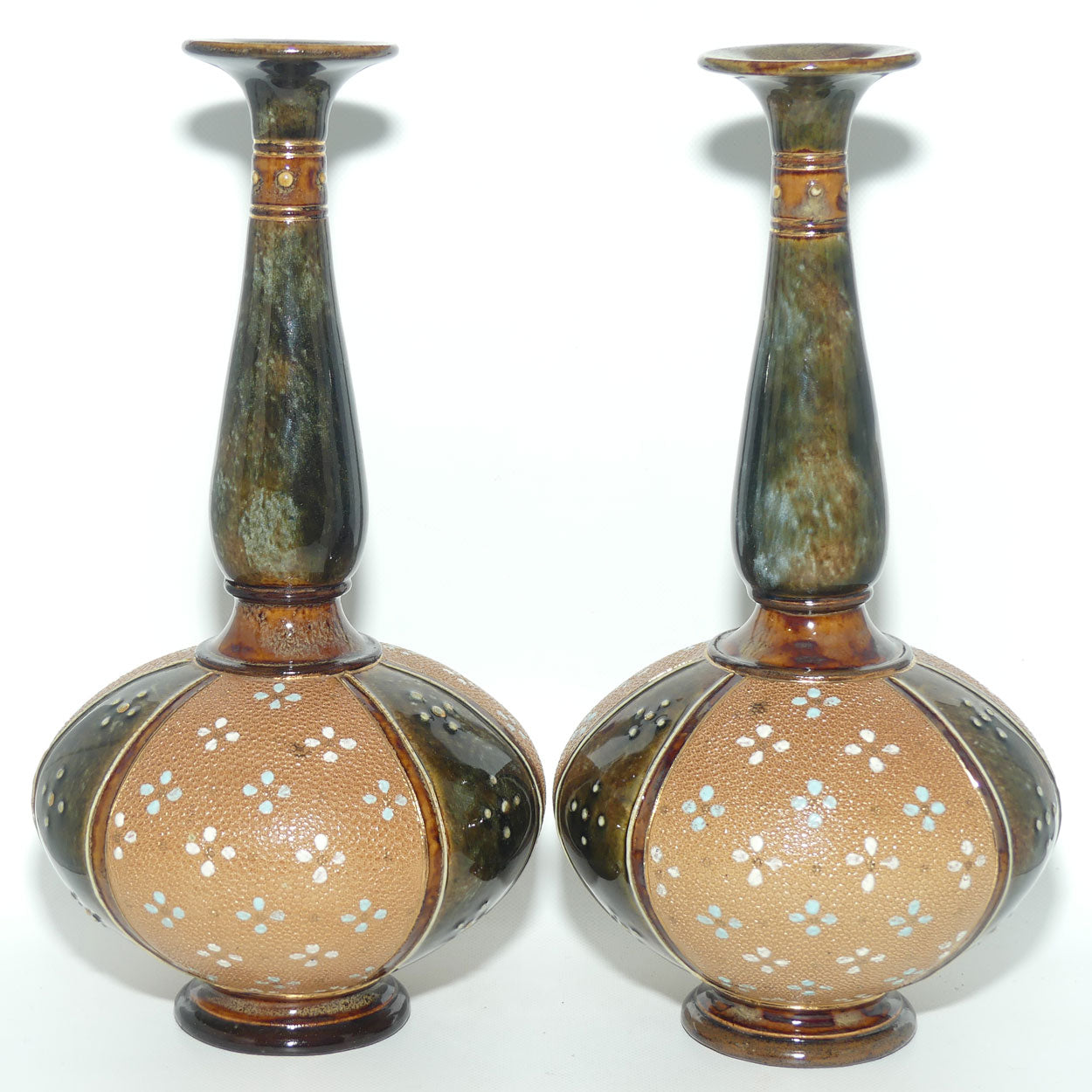 Royal Doulton stoneware pair of narrow neck bulbous vases with blue & white enamelling highlights (stamped 8331)