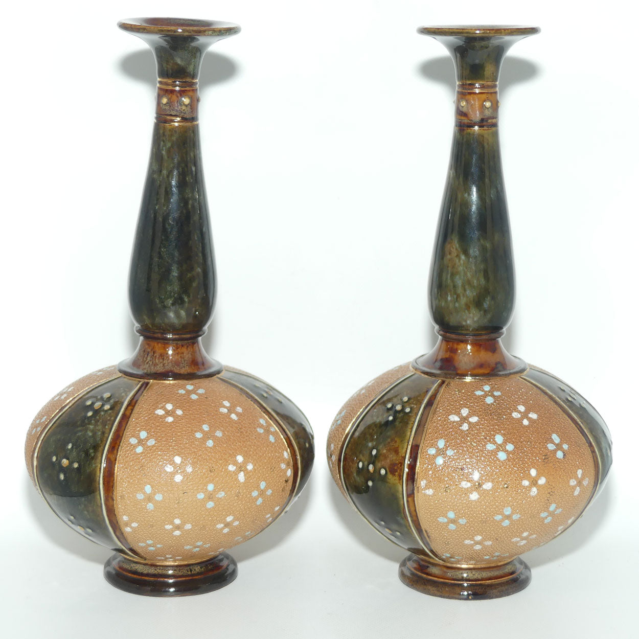 Royal Doulton stoneware pair of narrow neck bulbous vases with blue & white enamelling highlights (stamped 8331)