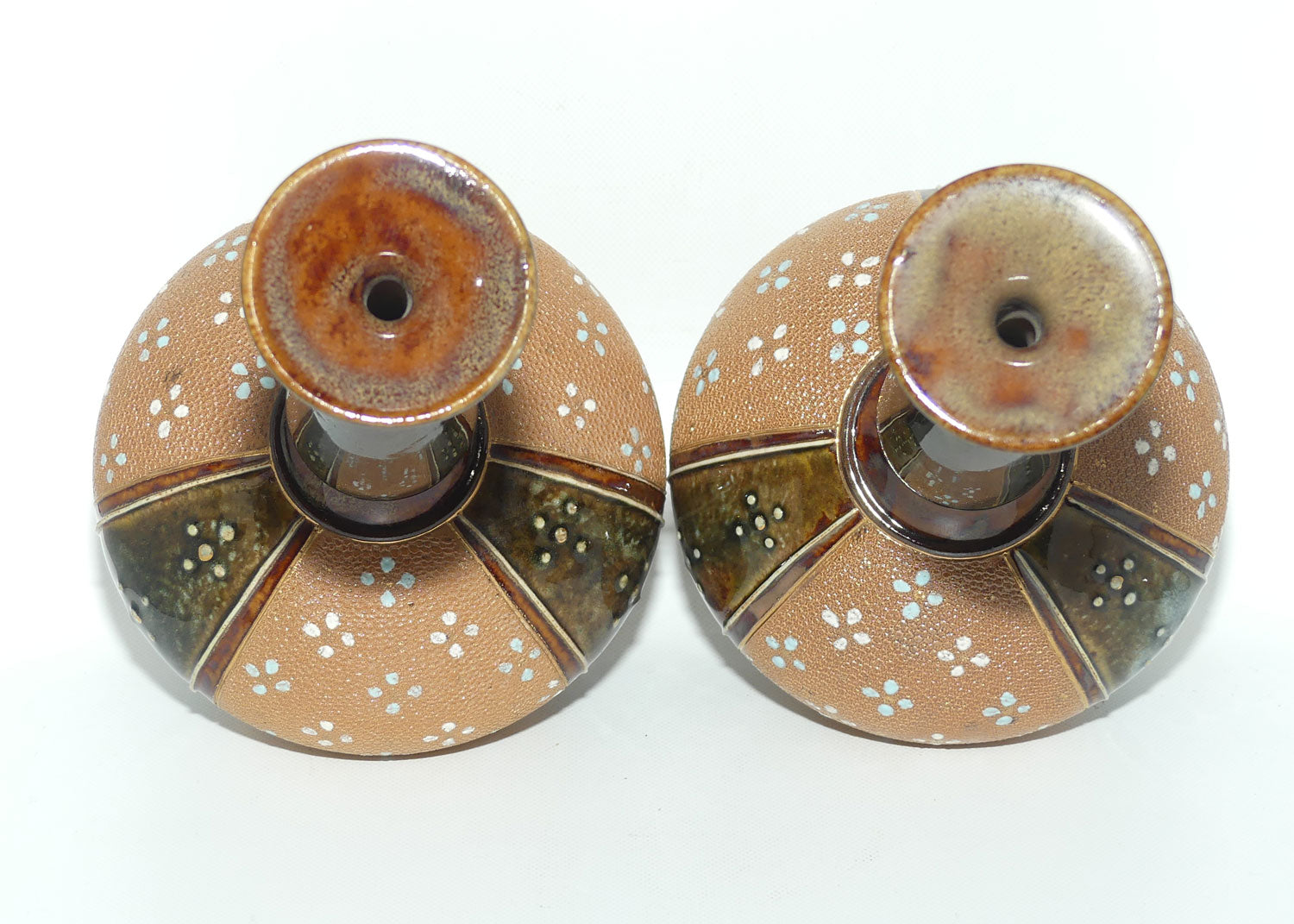 Royal Doulton stoneware pair of narrow neck bulbous vases with blue & white enamelling highlights (stamped 8331)