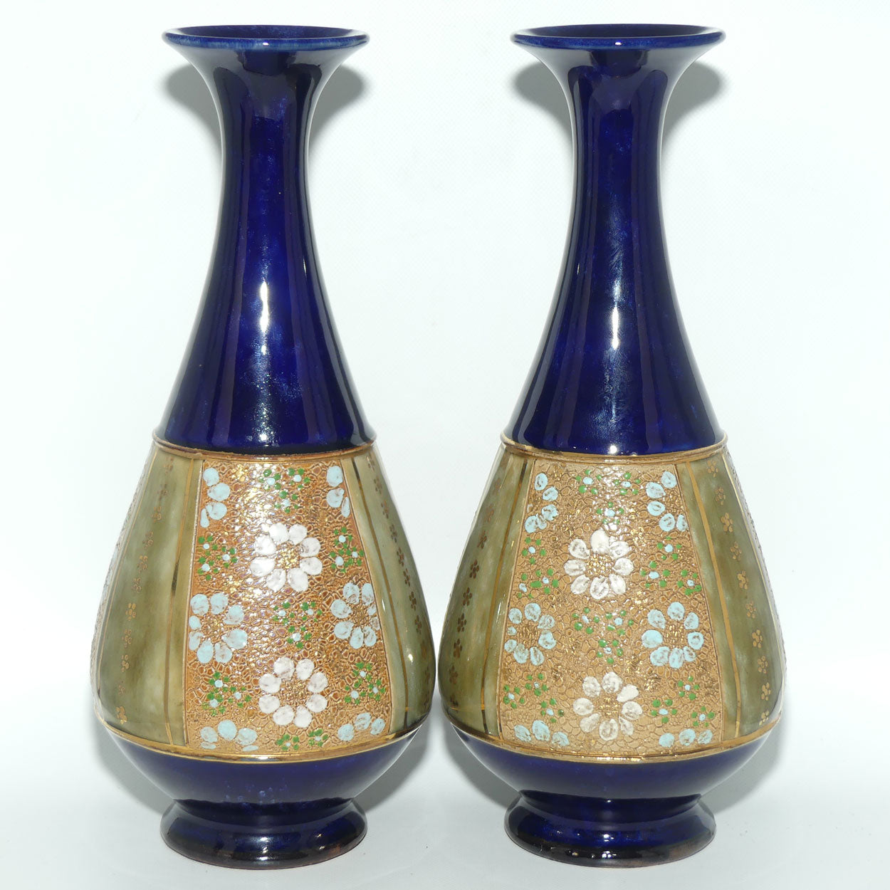 Royal Doulton pair of stoneware vases with blue, green & white enamelled flowers and gilt highlights (stamped 8334) #1