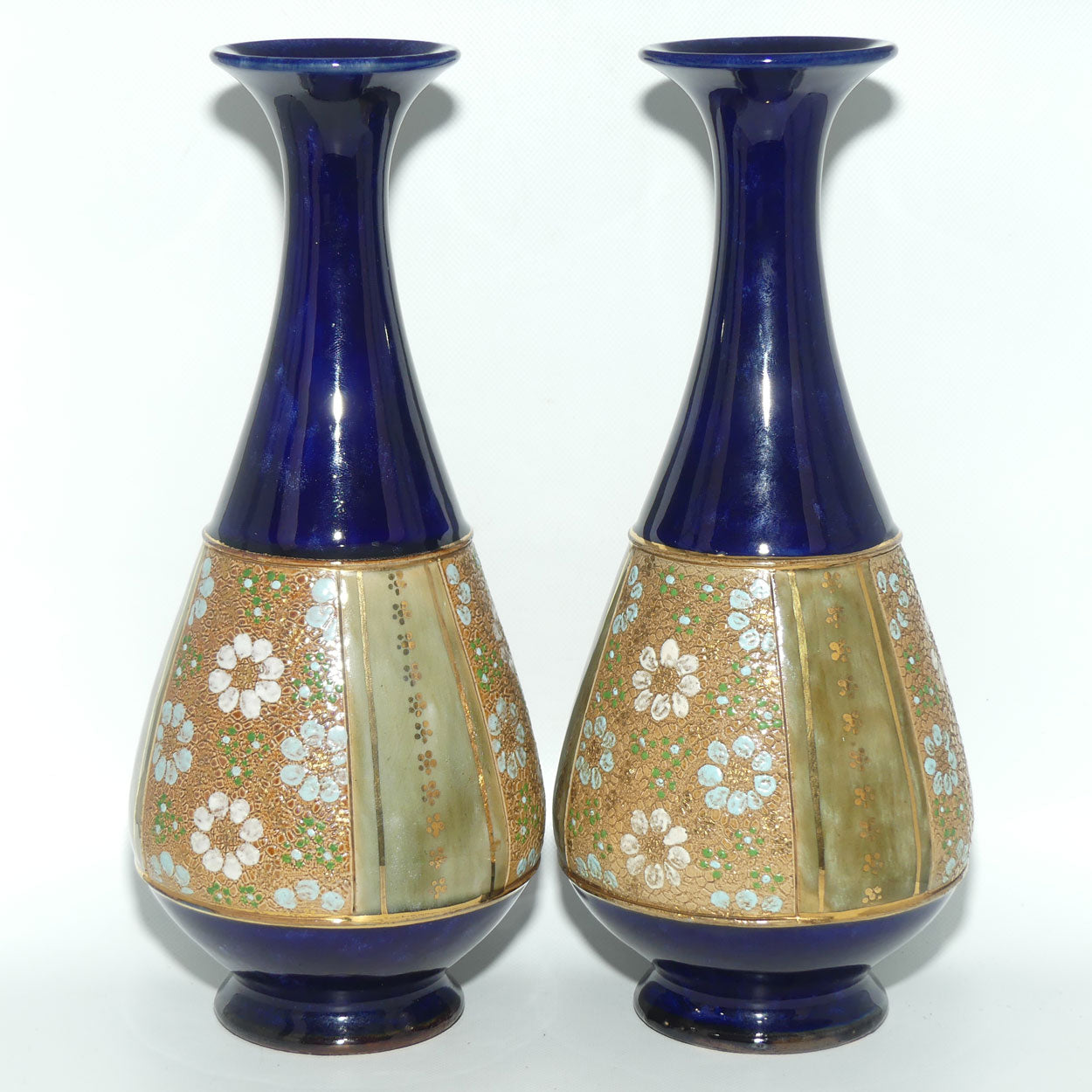 Royal Doulton pair of stoneware vases with blue, green & white enamelled flowers and gilt highlights (stamped 8334) #1