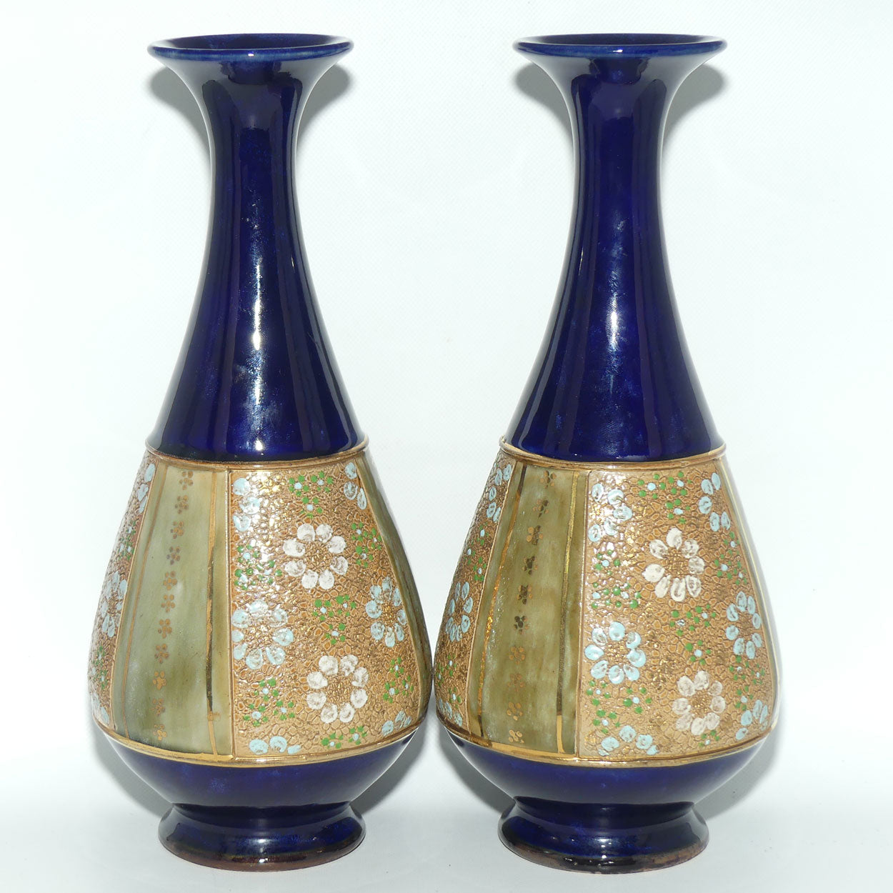 Royal Doulton pair of stoneware vases with blue, green & white enamelled flowers and gilt highlights (stamped 8334) #1