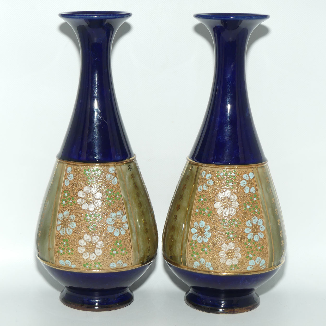 Royal Doulton pair of stoneware vases with blue, green & white enamelled flowers and gilt highlights (stamped 8334) #1