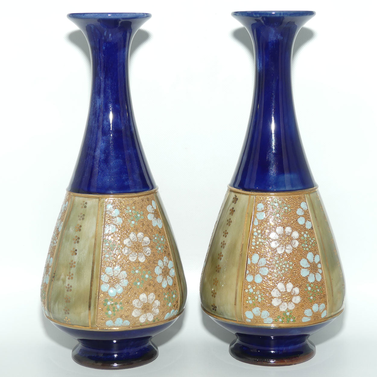 Royal Doulton pair of stoneware vases with blue, green & white enamelled flowers and gilt highlights (stamped 8334) #2