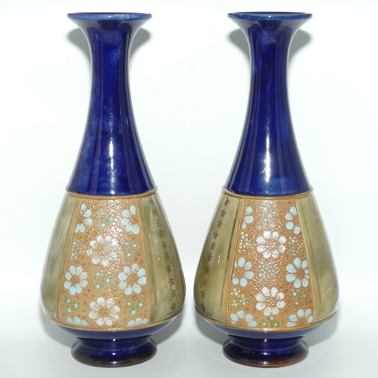 Royal Doulton pair of stoneware vases with blue, green & white enamelled flowers and gilt highlights (stamped 8334) #2