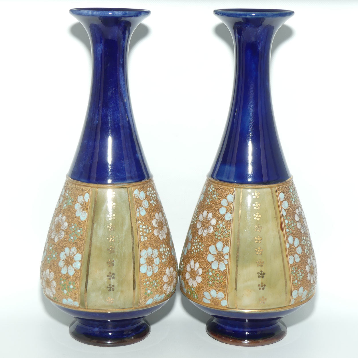 Royal Doulton pair of stoneware vases with blue, green & white enamelled flowers and gilt highlights (stamped 8334) #2