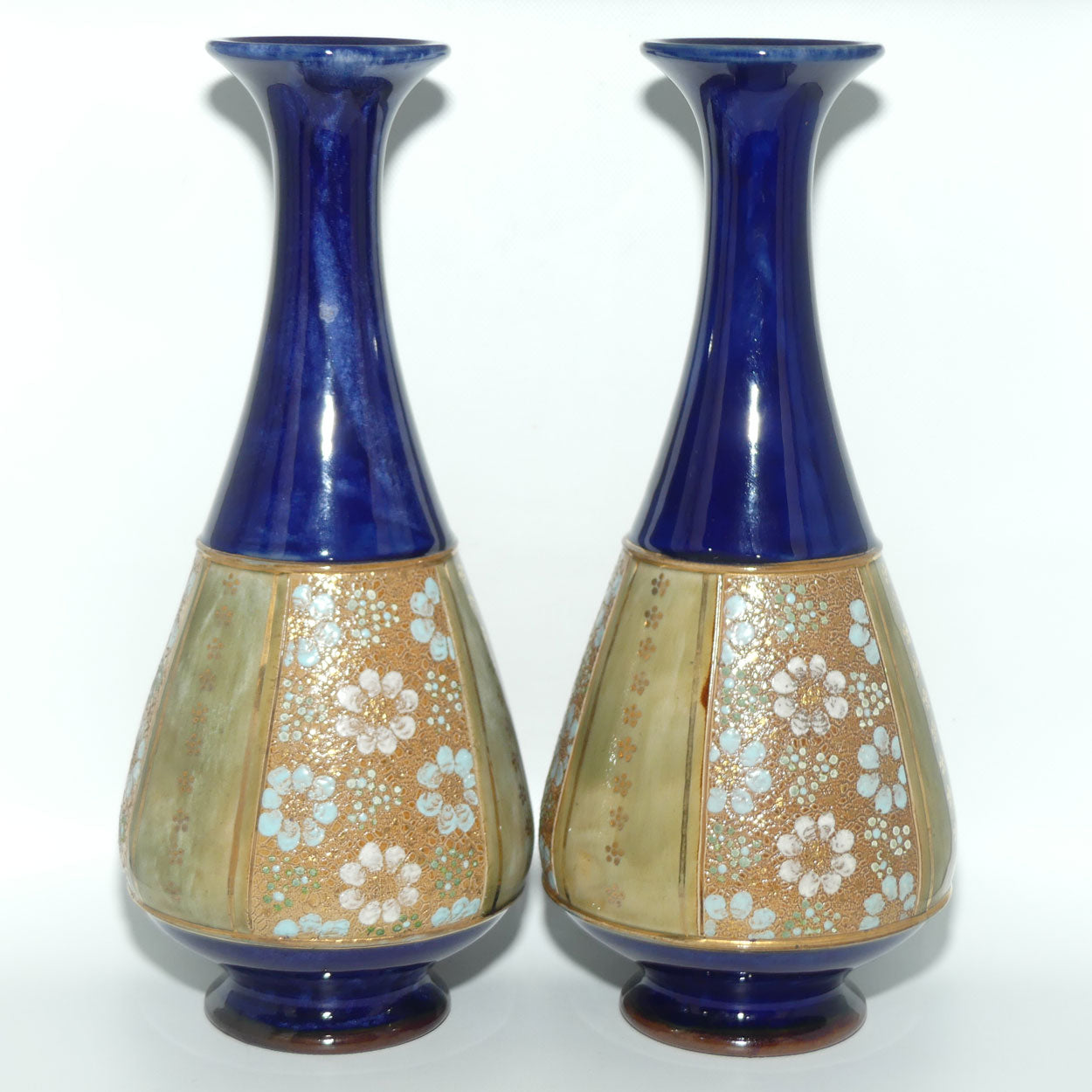 Royal Doulton pair of stoneware vases with blue, green & white enamelled flowers and gilt highlights (stamped 8334) #2