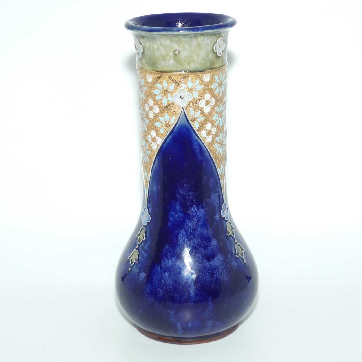 Royal Doulton Lambeth Blue glaze vase with applied floral decor and gilt decoration | 8348