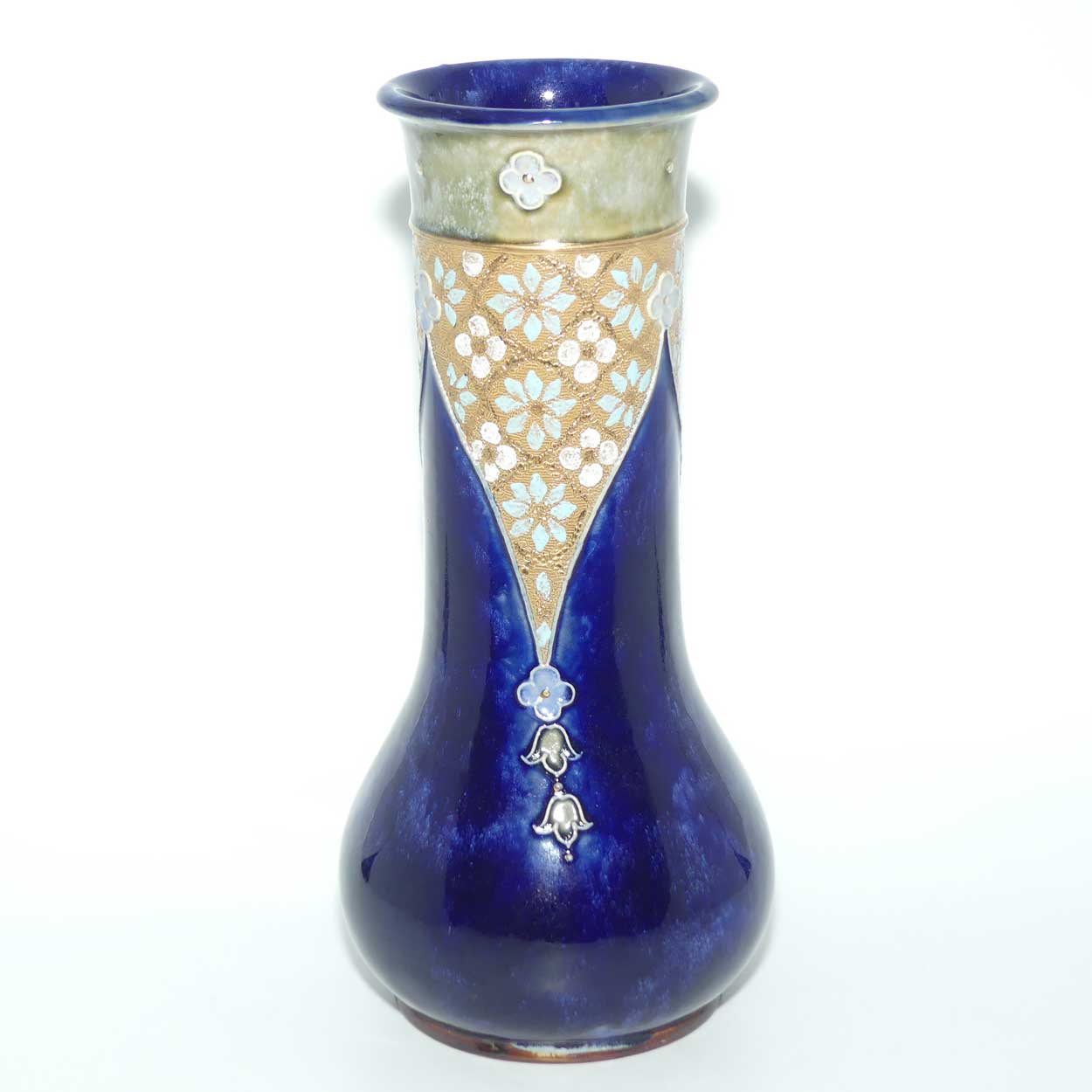 Royal Doulton Lambeth Blue glaze vase with applied floral decor and gilt decoration | 8348
