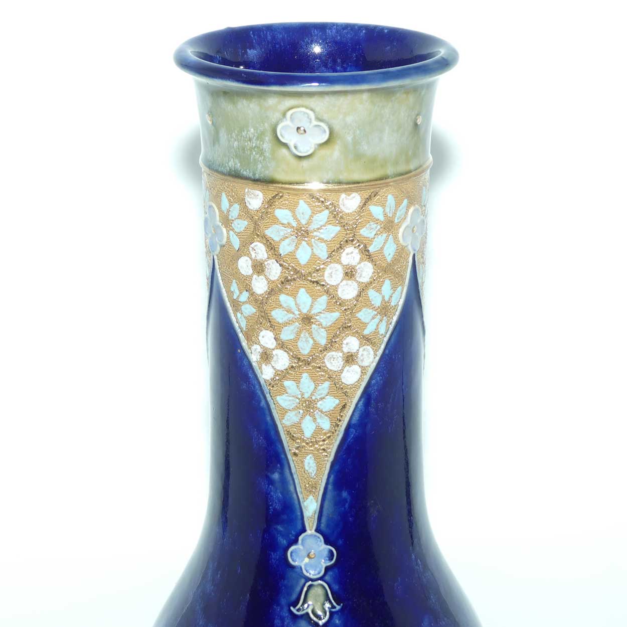 Royal Doulton Lambeth Blue glaze vase with applied floral decor and gilt decoration | 8348