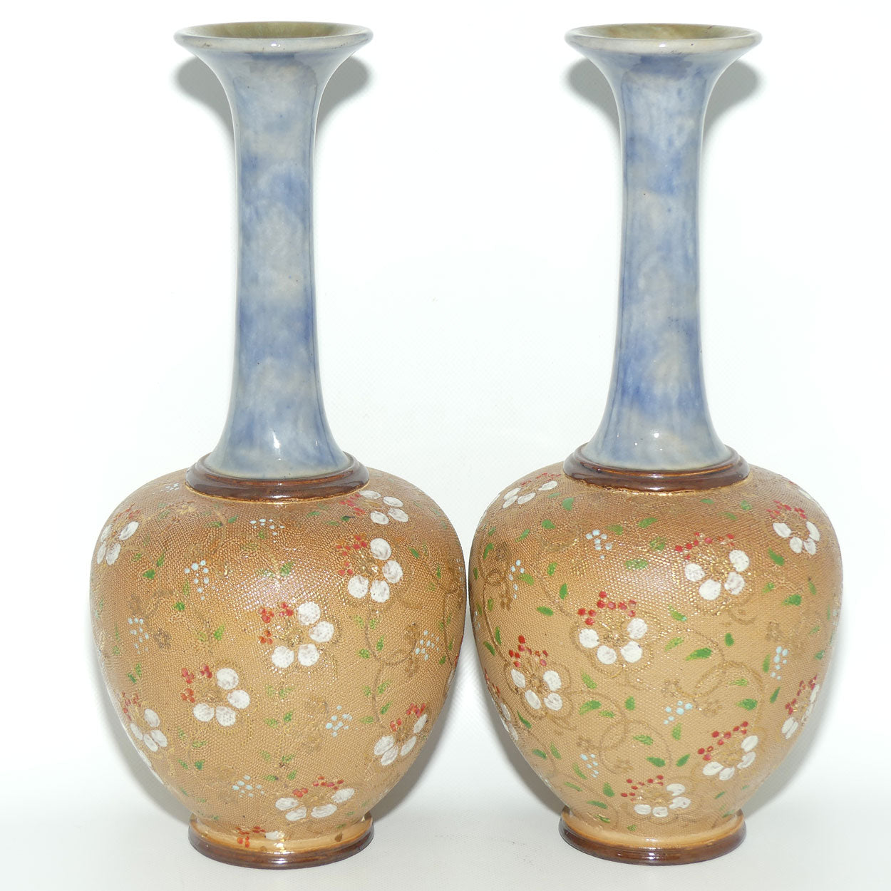 Royal Doulton pair of stoneware narrowneck bulbous vases with red, white & green enamelling and gilt highlights (stamped 8420)