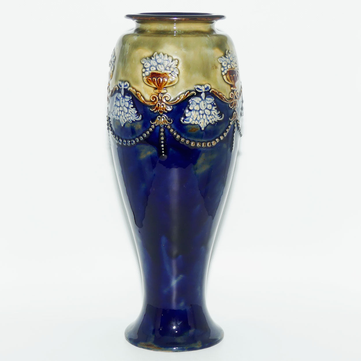 Royal Doulton stoneware vase with applied beads, foliage and urns filled with fruit | stamped 8669