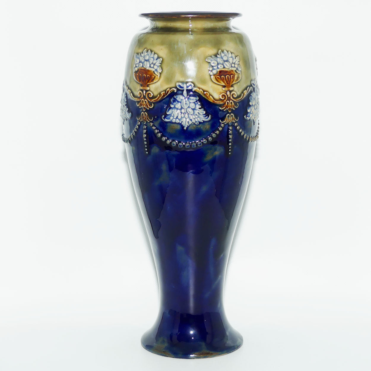 Royal Doulton stoneware vase with applied beads, foliage and urns filled with fruit | stamped 8669