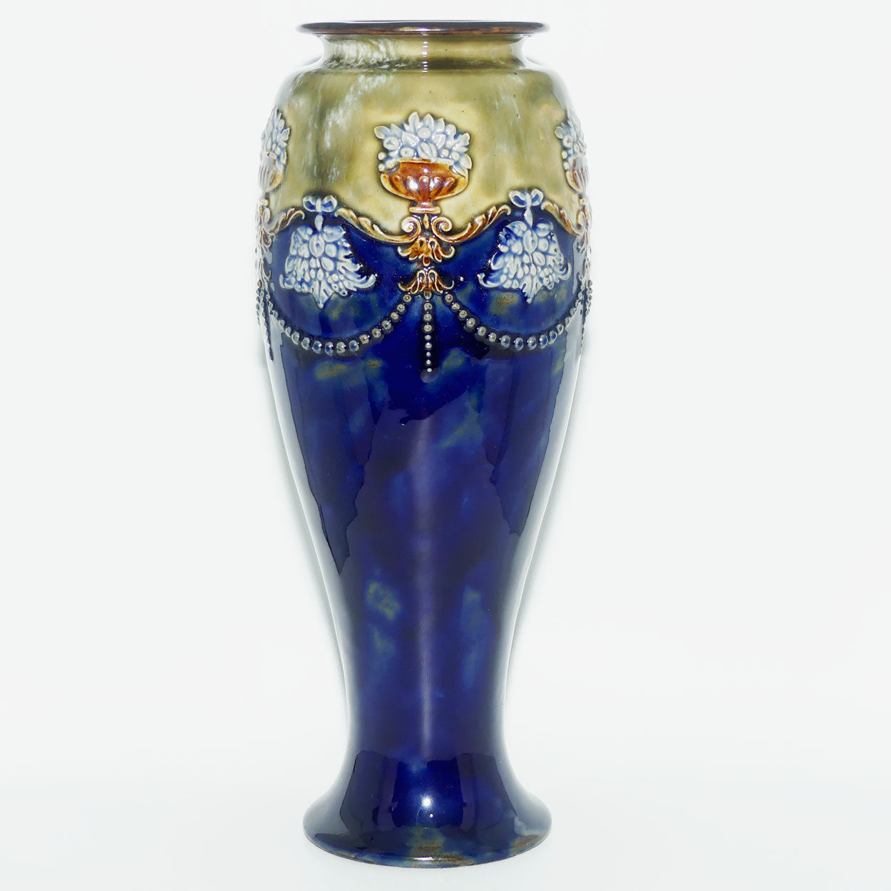 Royal Doulton stoneware vase with applied beads, foliage and urns filled with fruit | stamped 8669