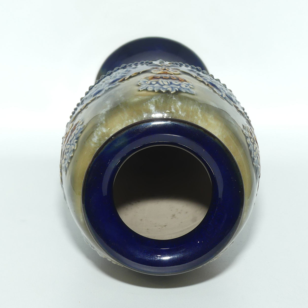 Royal Doulton stoneware vase with applied beads, foliage and urns filled with fruit | stamped 8669