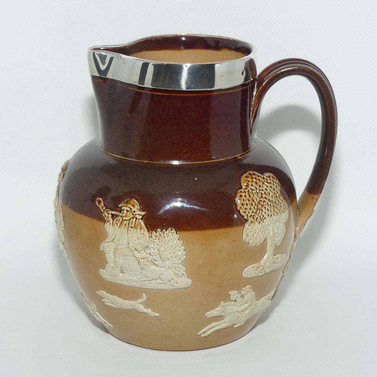 Doulton Lambeth Harvest Hunting jug | Shape 9606 | Sterling Silver rim | Birmingham 1899