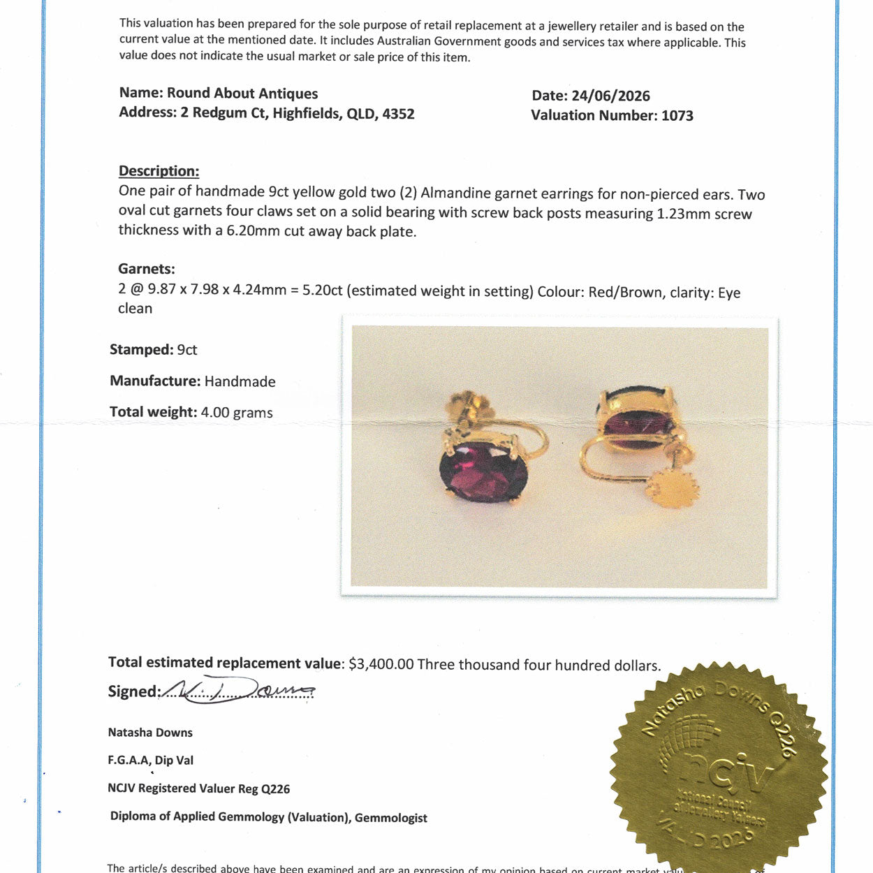 9ct Yellow Gold Almandine Garnet earrings | screw on | Valued $3400