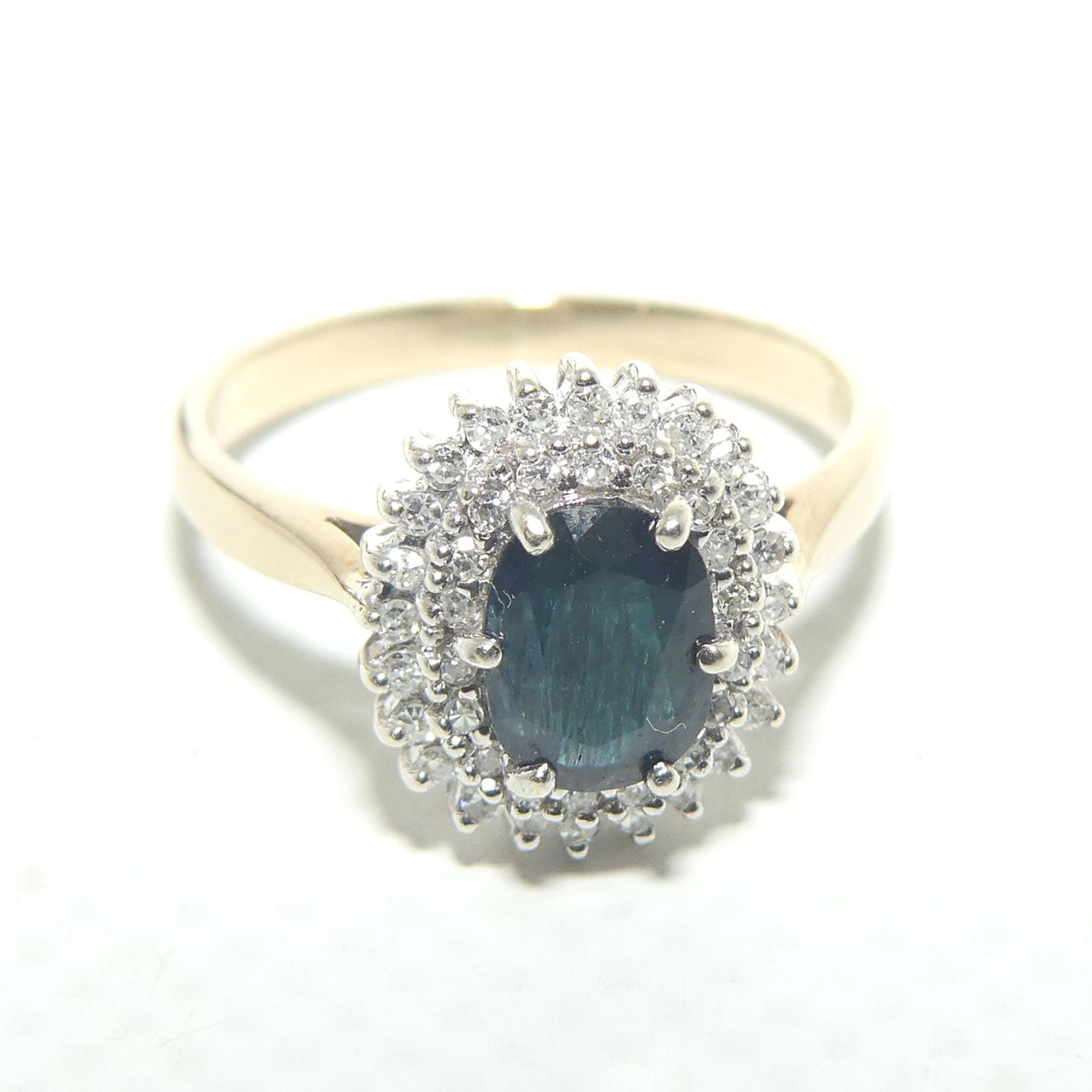 9ct Yellow and White Gold Blue Sapphire and 42 Diamond Dress Ring | Valued $3500