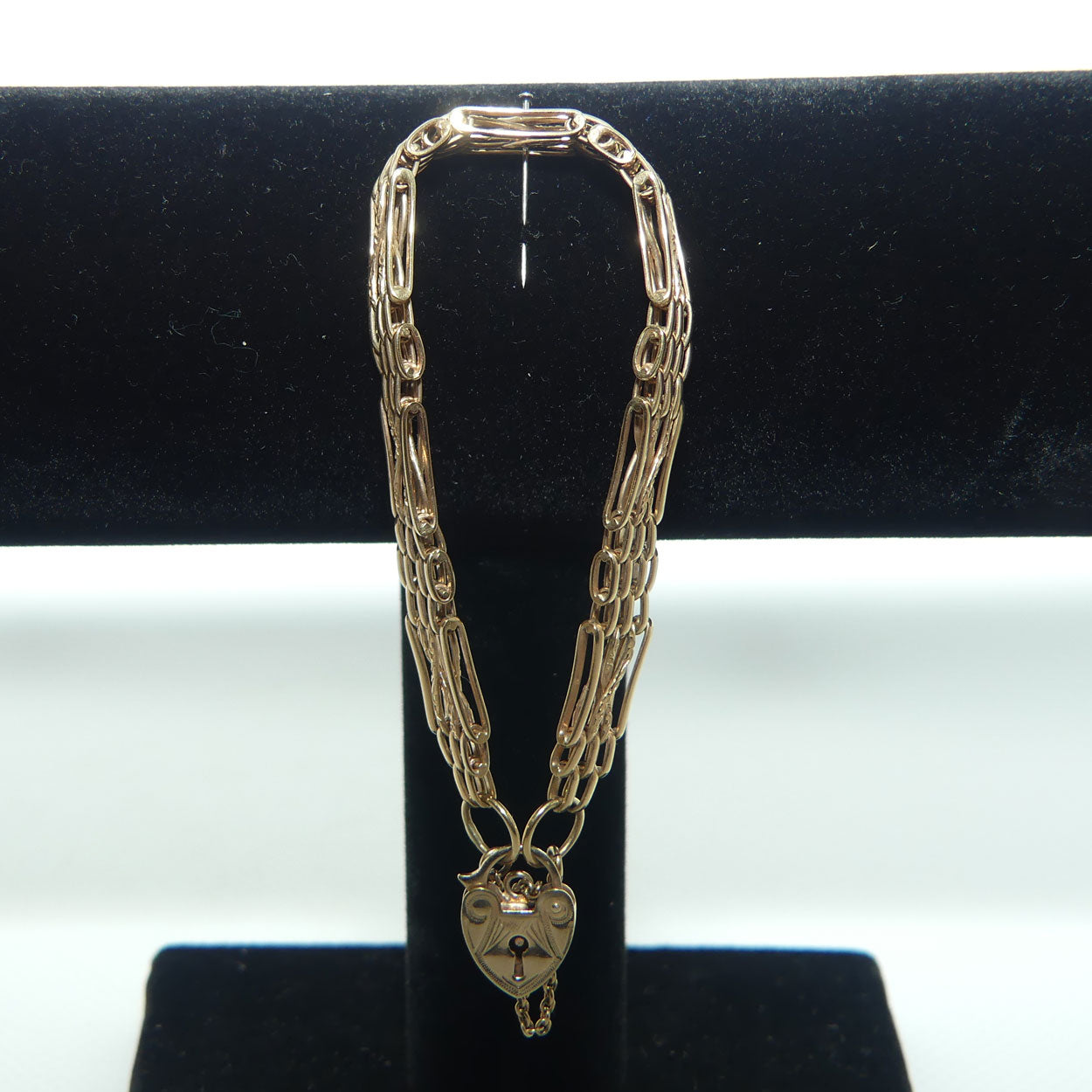 9ct Yellow Gold Gatelink bracelet with Heart Padlock and safety chain | 16.37g | Valued $5100