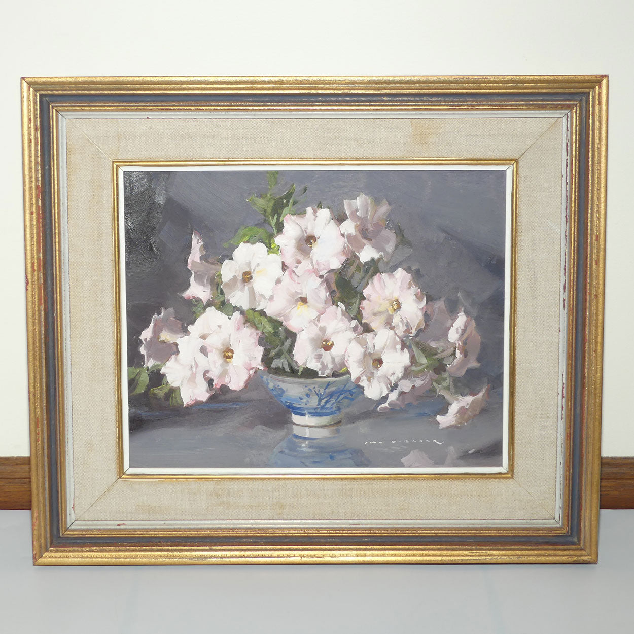 Original Oil on Board | Framed | Pale Pink Petunias | by Alan D Baker
