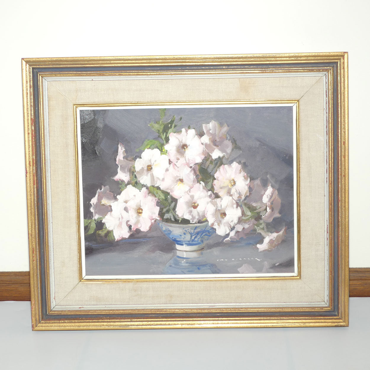 Original Oil on Board | Framed | Pale Pink Petunias | by Alan D Baker