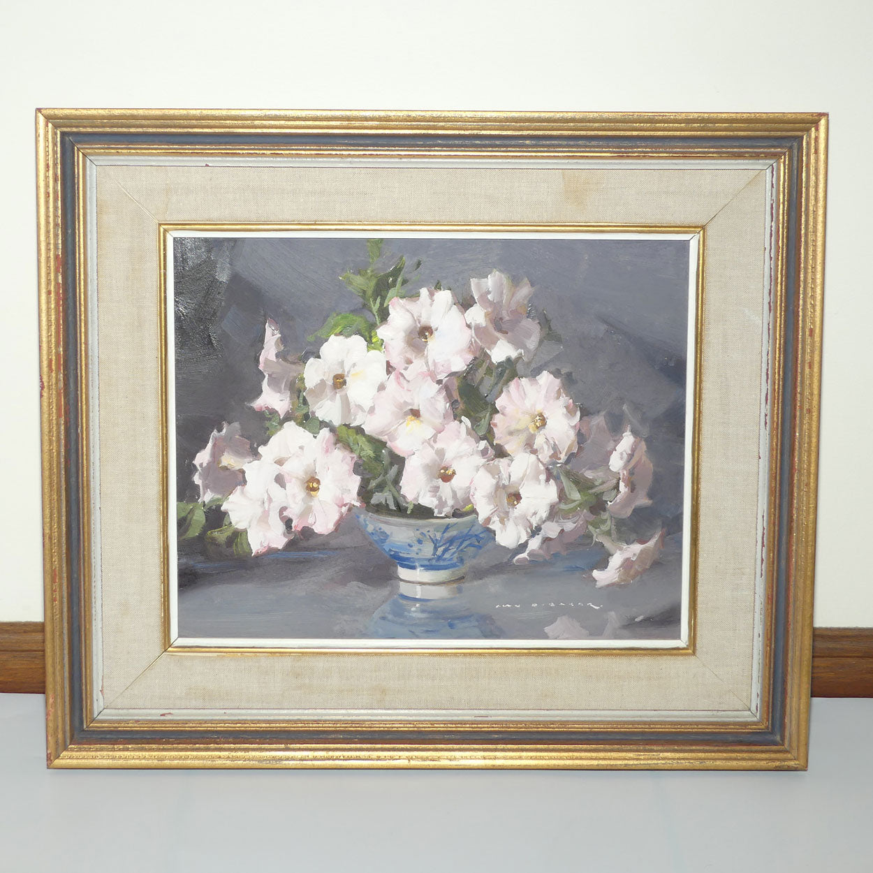 Original Oil on Board | Framed | Pale Pink Petunias | by Alan D Baker