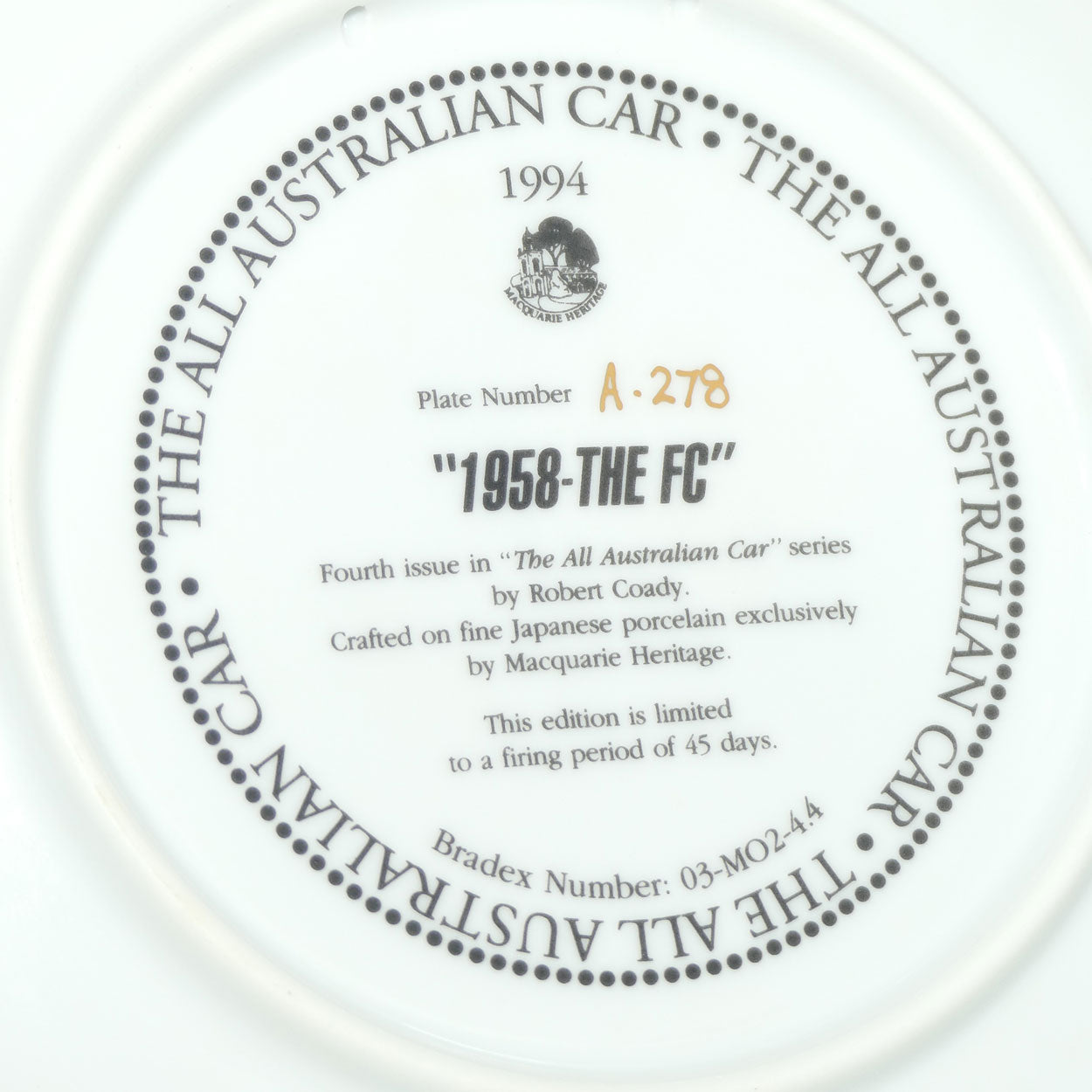 Bradex 03 M02 4.4 plate | The All Australian Car Series | 1958 The FC Holden | Plate Number A-278