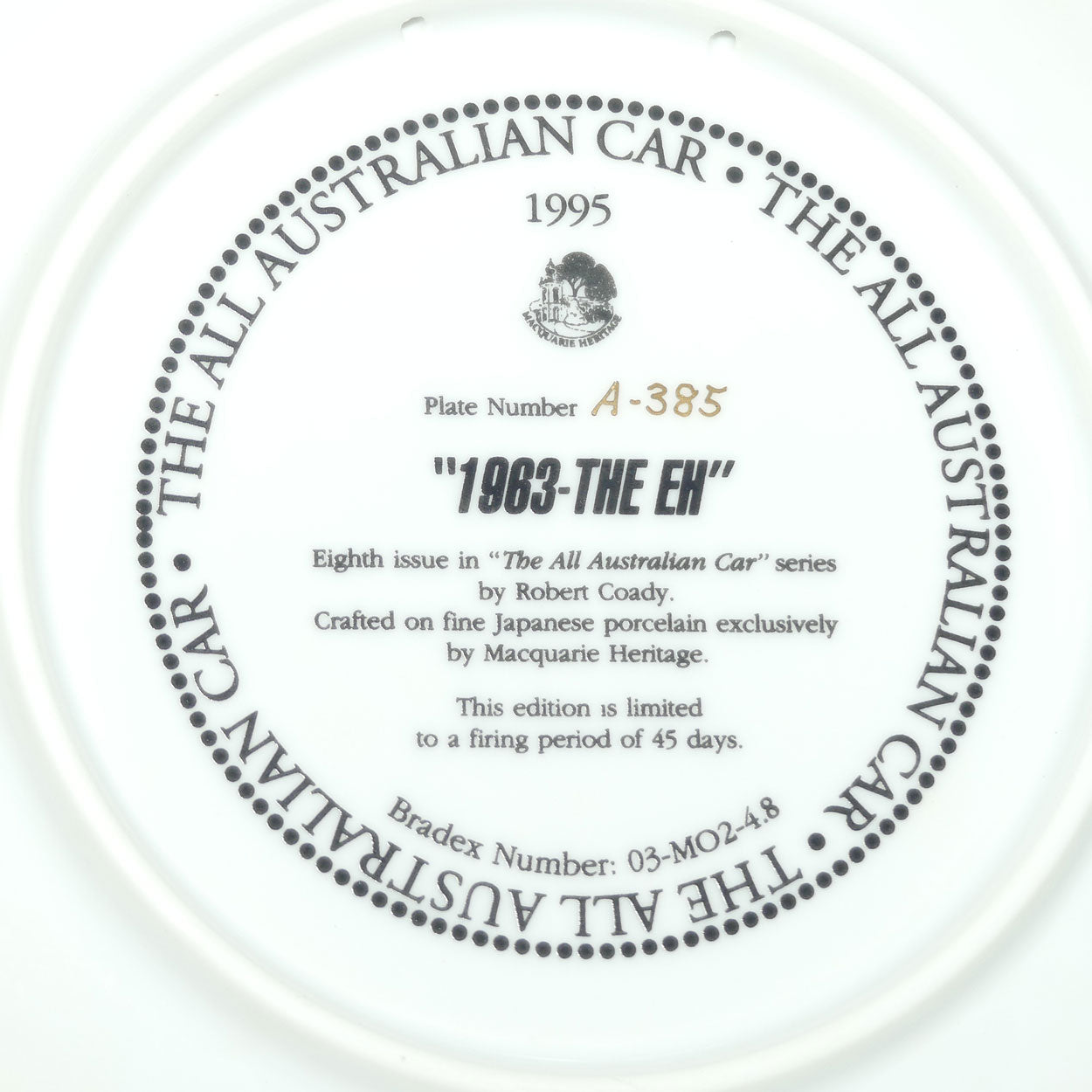 Bradex 03 M02 4.8 plate | The All Australian Car Series | 1963 The EH Holden | Plate Number A-385