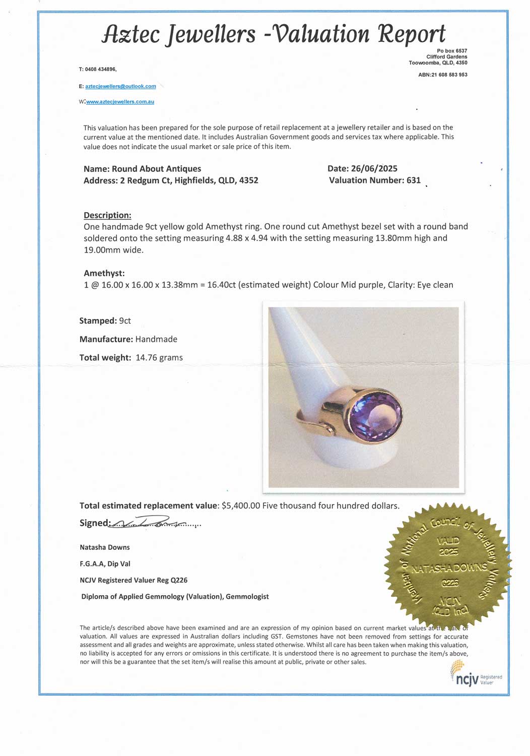 9ct Handmade Yellow Gold 16.4 ct wt Amethyst Dress ring