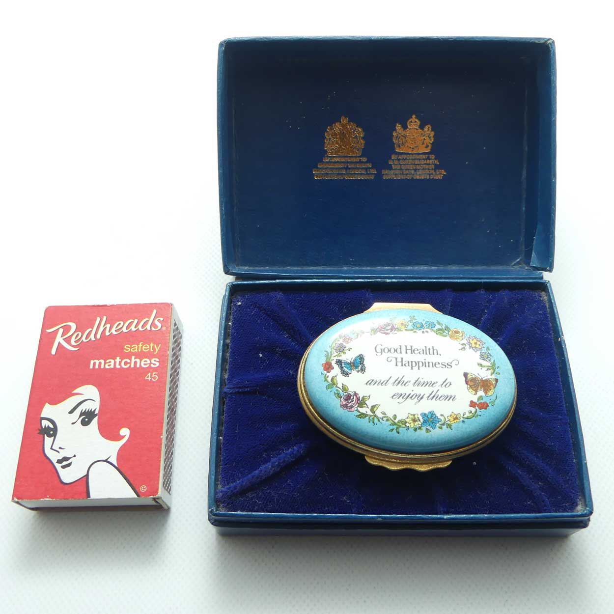 Bilston and Battersea | designed by Halycon Days Enamels trinket box | Good Health, Happiness and the time to enjoy them