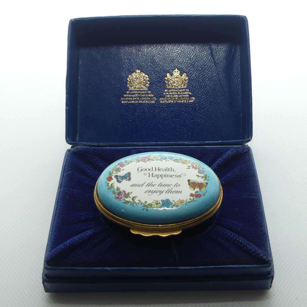 Bilston and Battersea | designed by Halycon Days Enamels trinket box | Good Health, Happiness and the time to enjoy them