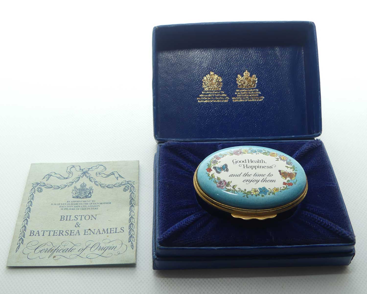 Bilston and Battersea | designed by Halycon Days Enamels trinket box | Good Health, Happiness and the time to enjoy them