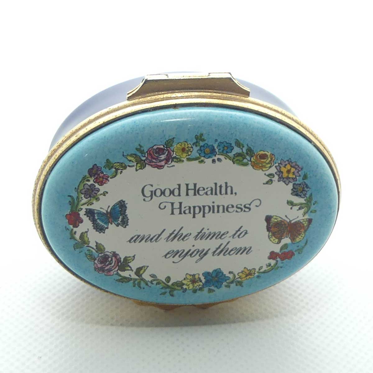 Bilston and Battersea | designed by Halycon Days Enamels trinket box | Good Health, Happiness and the time to enjoy them