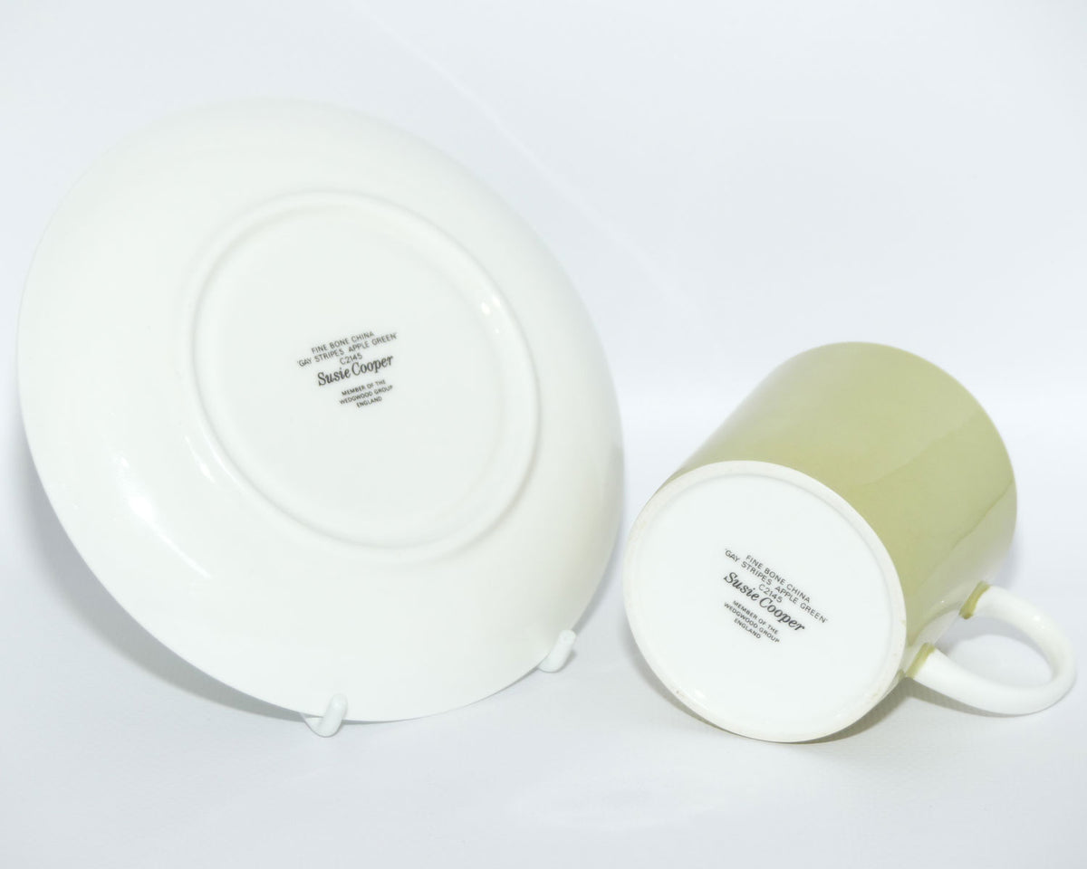 Susie Cooper Gay Stripes series | C2145 Apple Green demi tasse duo