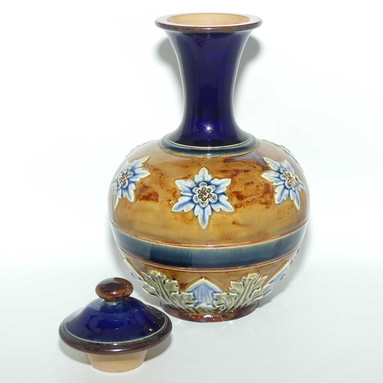 Doulton Lambeth Blue glaze Floral pattern lidded Apothecary Jar | made for Claudius Ash & Sons Ltd London | 9932